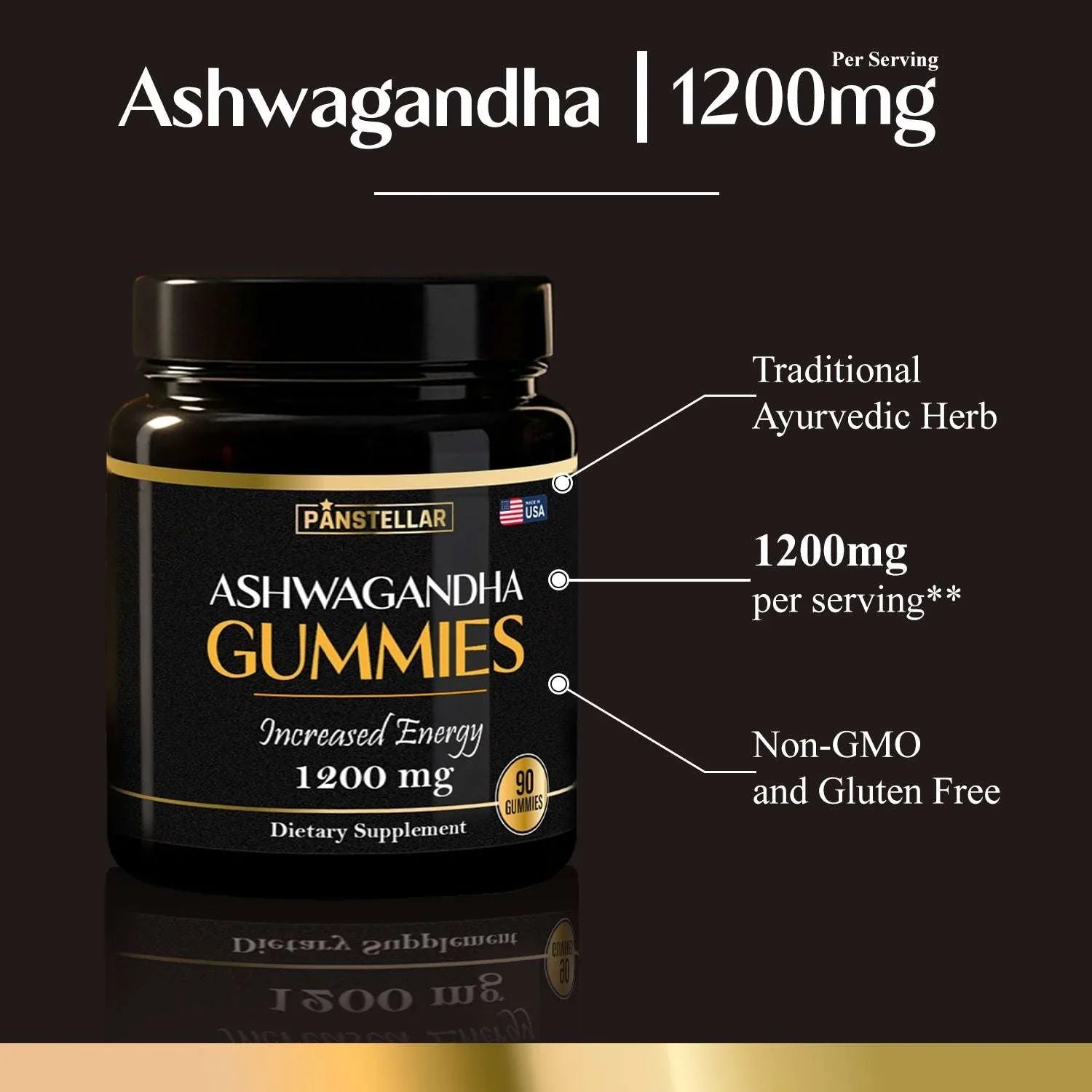 Ashwagandha gummies supplement bottle 1200mg per serving, non-GMO, gluten free, 90 count.