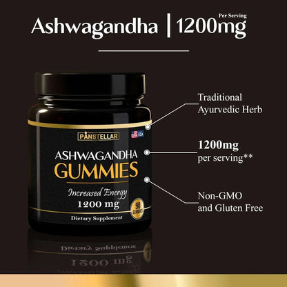 Ashwagandha gummies supplement bottle 1200mg per serving, non-GMO, gluten free, 90 count.
