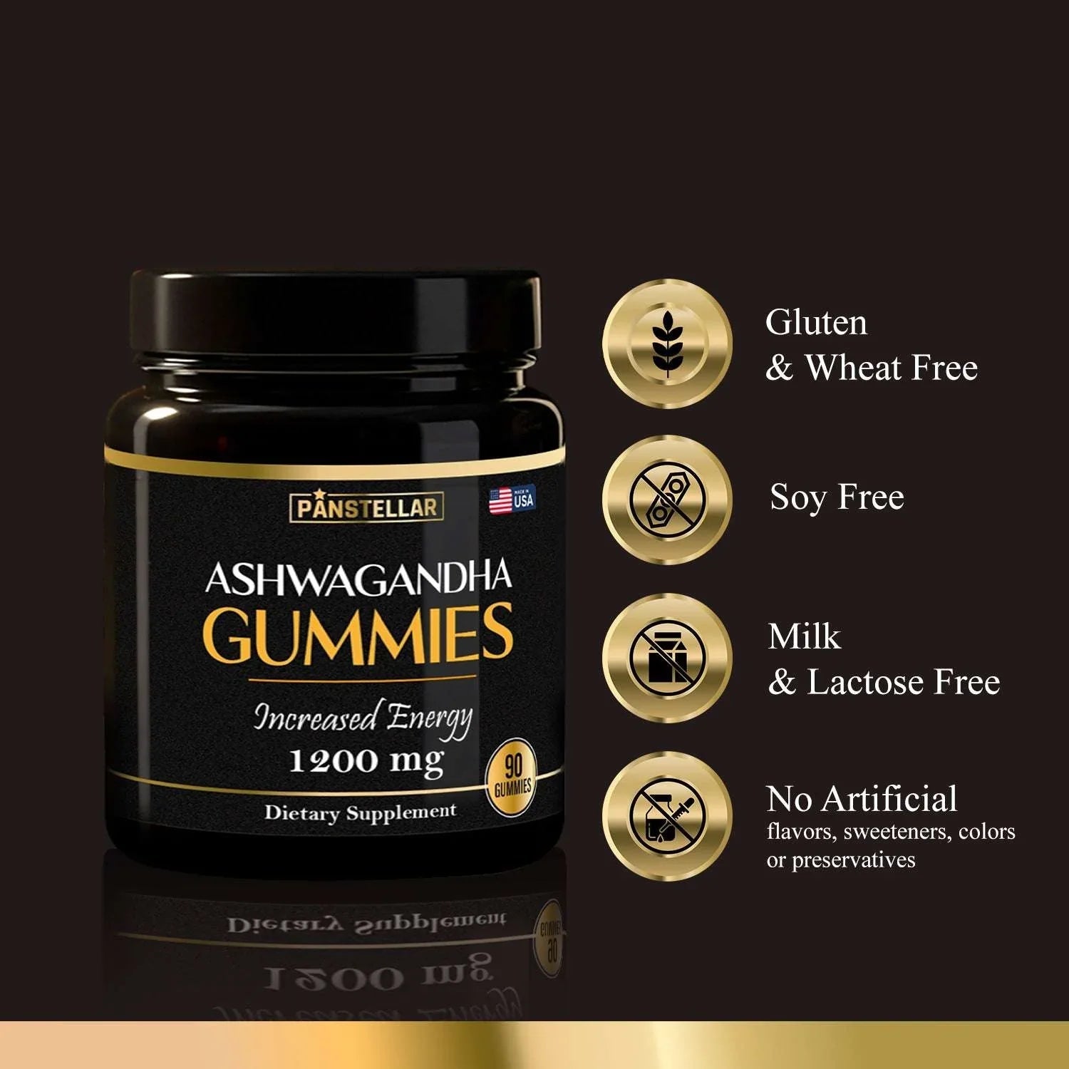 Ashwagandha gummies 1200mg dietary supplement bottle with gluten free, soy free, milk and lactose free, and no artificial ingredients icons.
