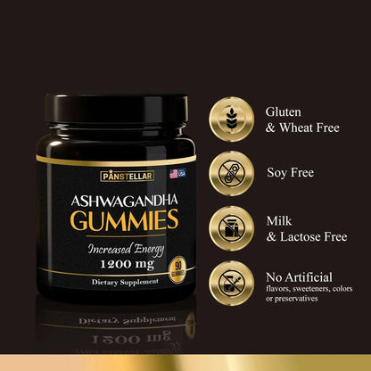 Ashwagandha gummies 1200mg dietary supplement bottle with gluten free, soy free, milk and lactose free, and no artificial ingredients icons.