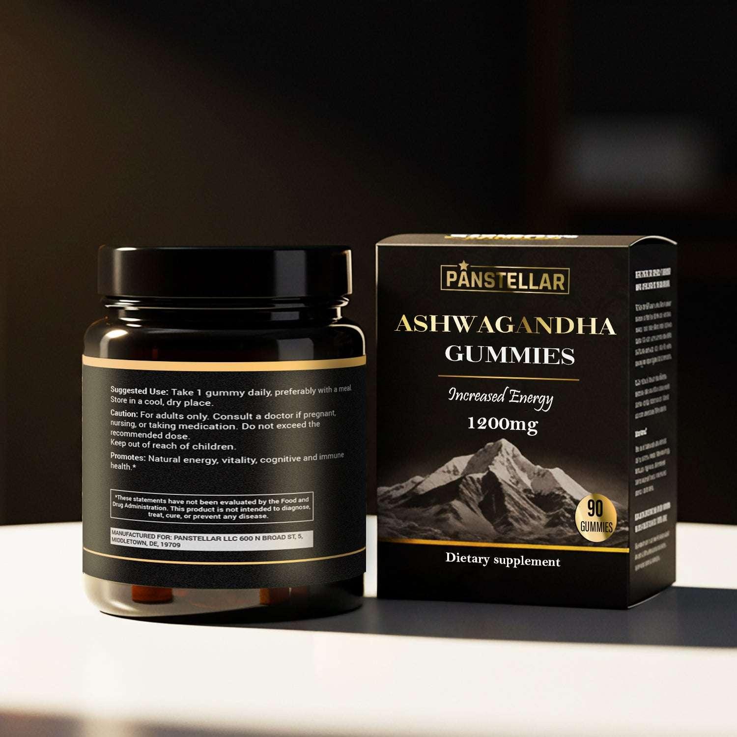 Ashwagandha gummies 1200mg supplement jar and box with mountain design, 90 count
