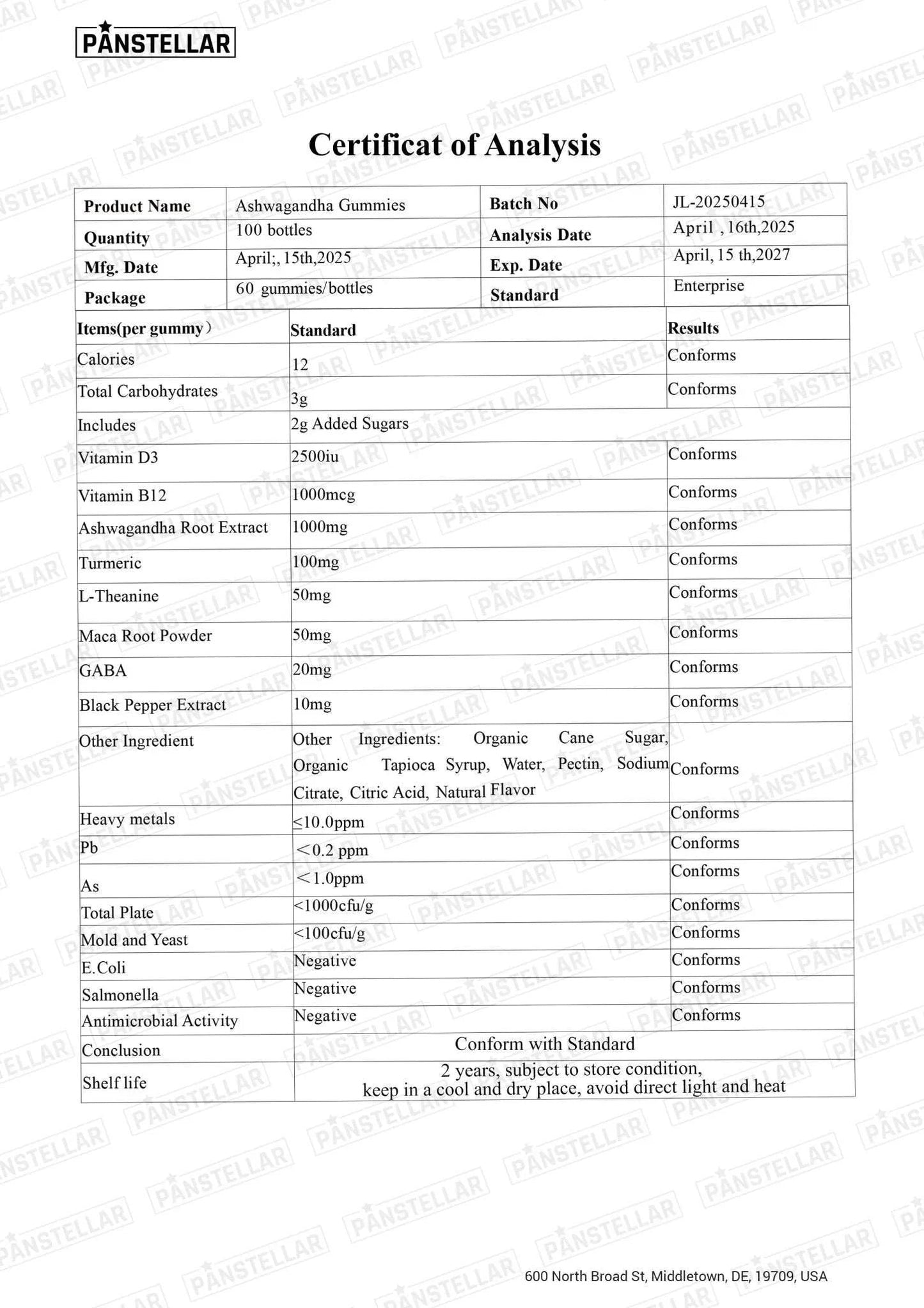 Certificate of Analysis for Ashwagandha gummies listing ingredients, nutrition, and test results.