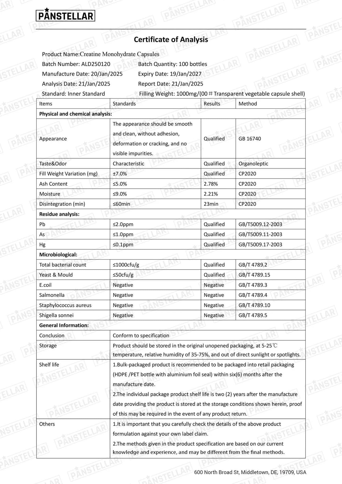 Certificate of Analysis for Creatine Monohydrate Capsules listing batch details, test results, and purity data.