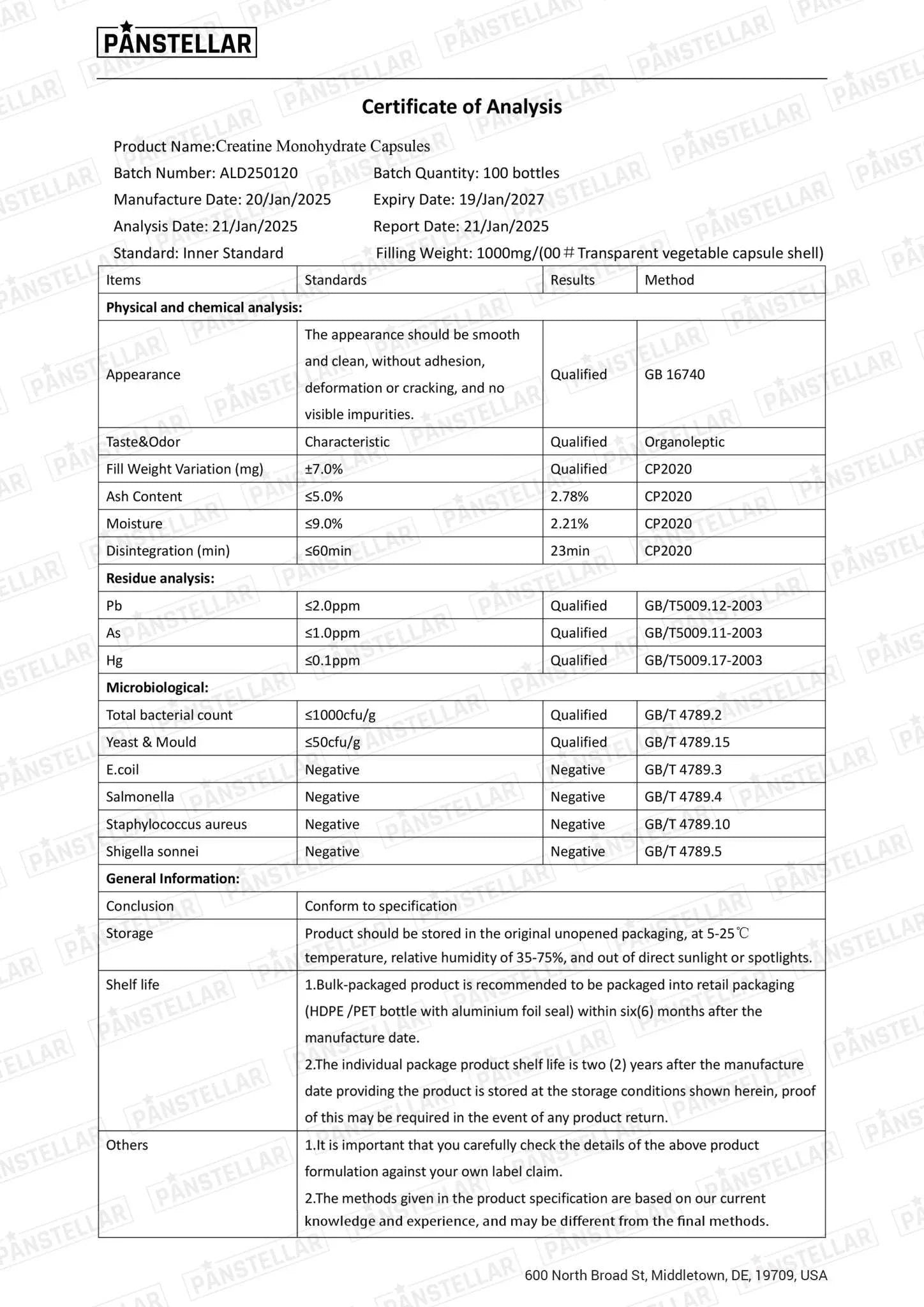 Certificate of Analysis for Creatine Monohydrate Capsules listing batch details, test results, and purity data.