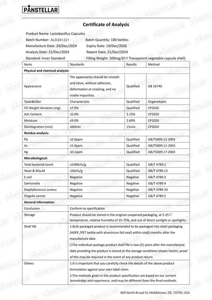 Certificate of analysis for Lactobacillus capsules showing lab test results and product details.