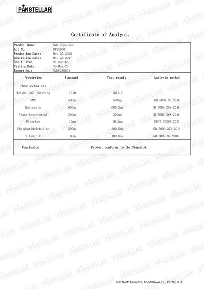 Certificate of Analysis for NMN capsules showing ingredient test results and purity standards.