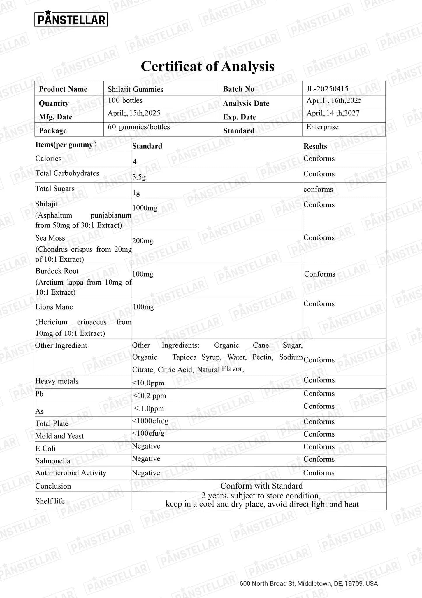 Certificate of Analysis for Shilajit Gummies listing ingredients, nutritional values, and lab results.