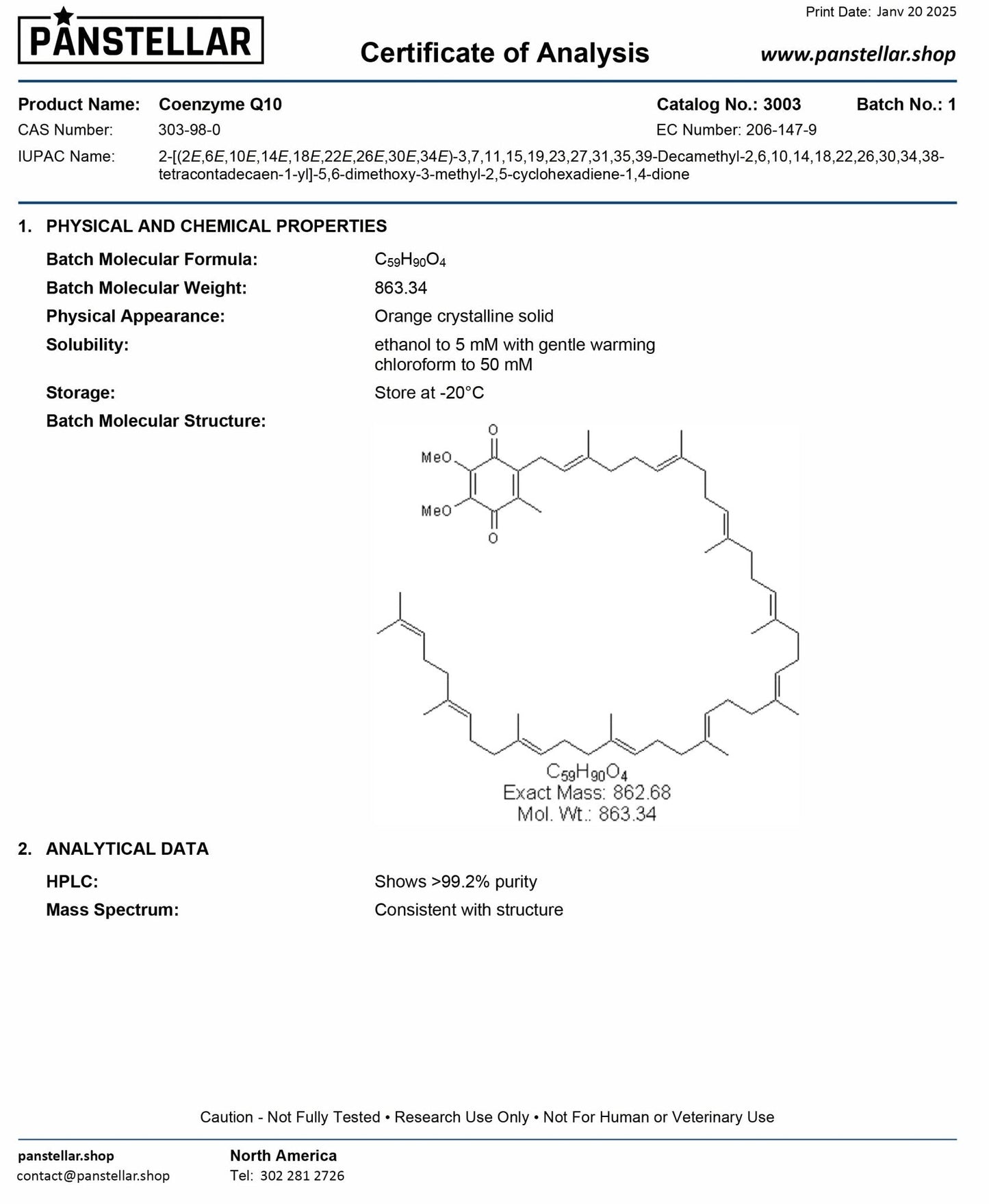 Certificate of Analysis for Coenzyme Q10 supplement showing molecular structure, purity, and physical properties.