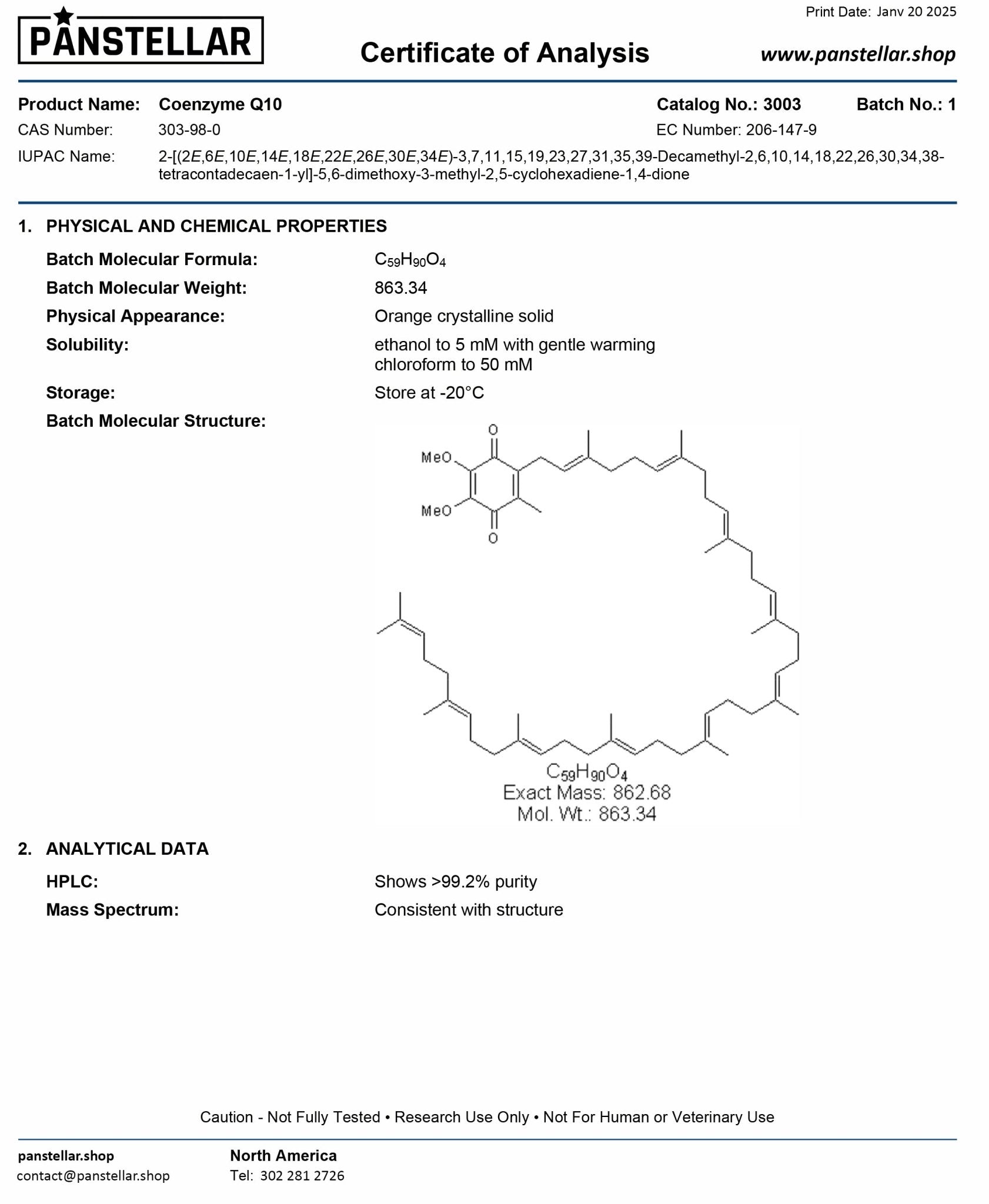 Certificate of Analysis for Coenzyme Q10 supplement showing molecular structure, purity, and physical properties.