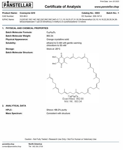 Certificate of Analysis for Coenzyme Q10 supplement showing molecular structure, purity, and physical properties.
