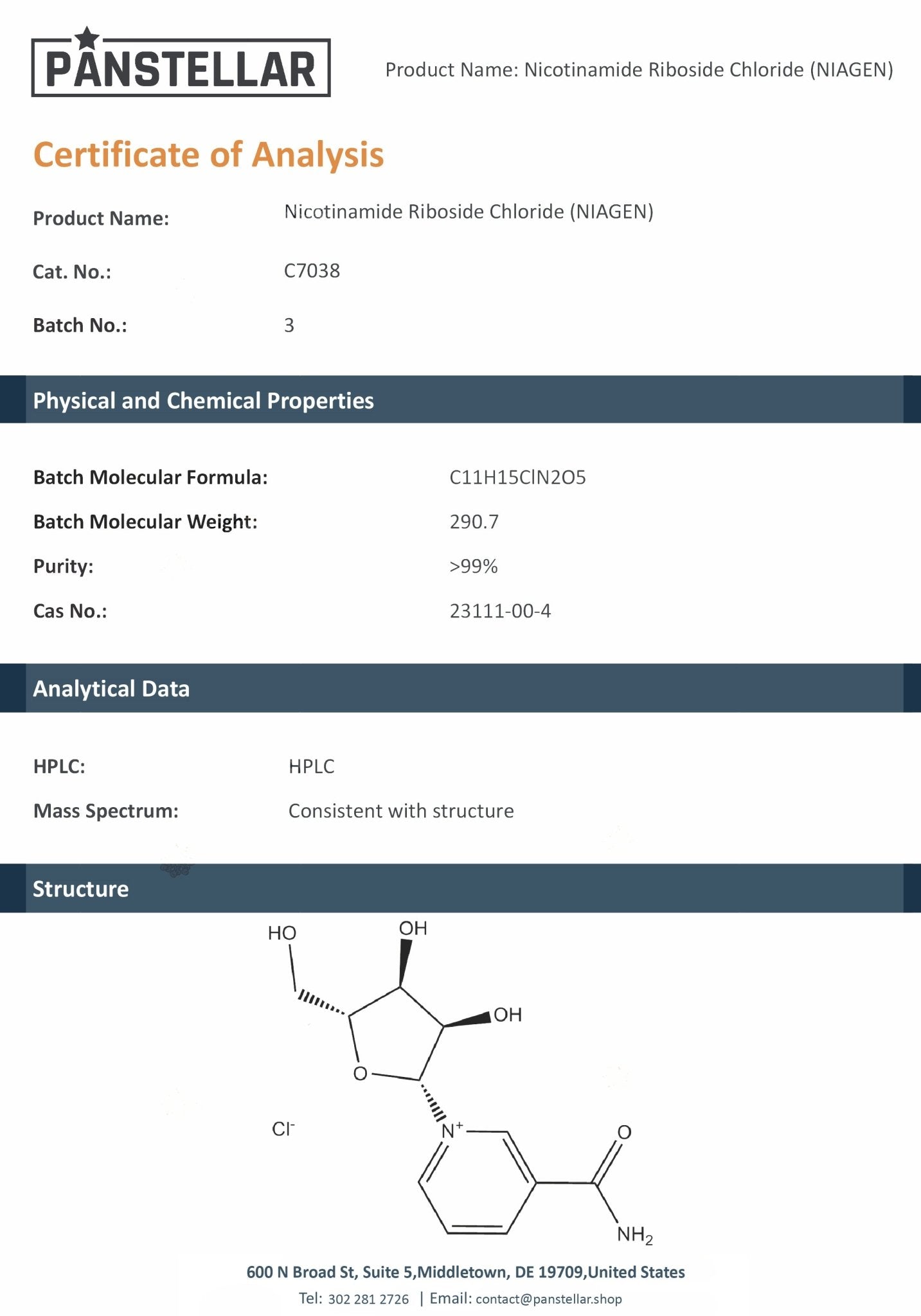 Certificate of analysis for nicotinamide riboside chloride showing purity, formula, and structure diagram.