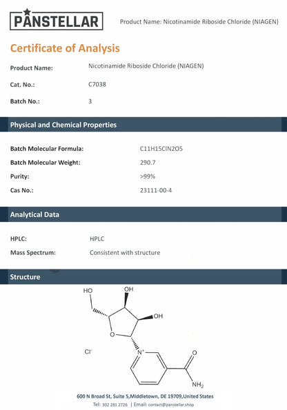 Certificate of analysis for nicotinamide riboside chloride showing purity, formula, and structure diagram.