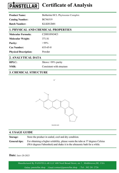 Certificate of Analysis for Berberine HCL Phytosome Complex showing purity, chemical structure, and usage guide.
