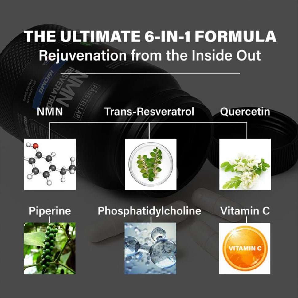 Supplement bottle labeled NMN 6-in-1 Formula, featuring NMN, trans-resveratrol, quercetin, piperine, phosphatidylcholine, vitamin C.