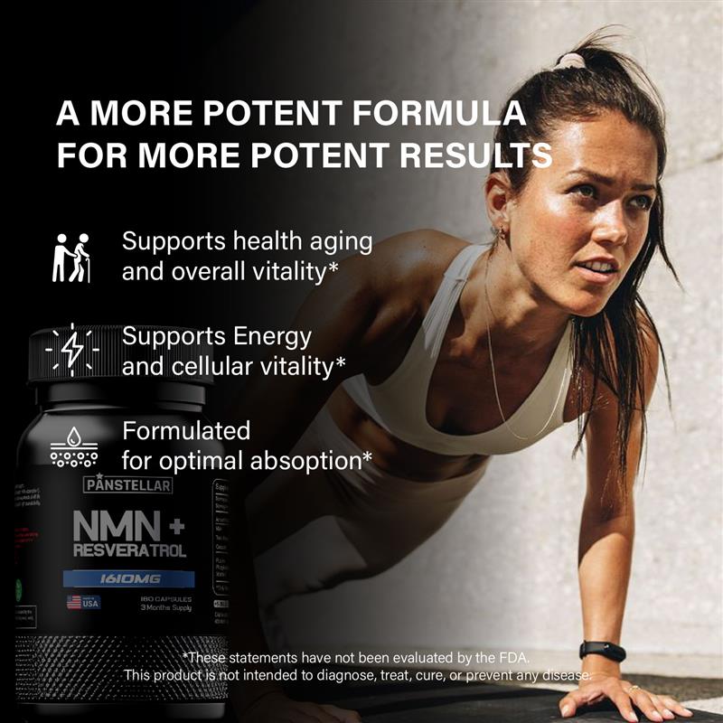 Woman exercising next to NMN with Resveratrol supplement bottle, vitality and energy benefits highlighted.
