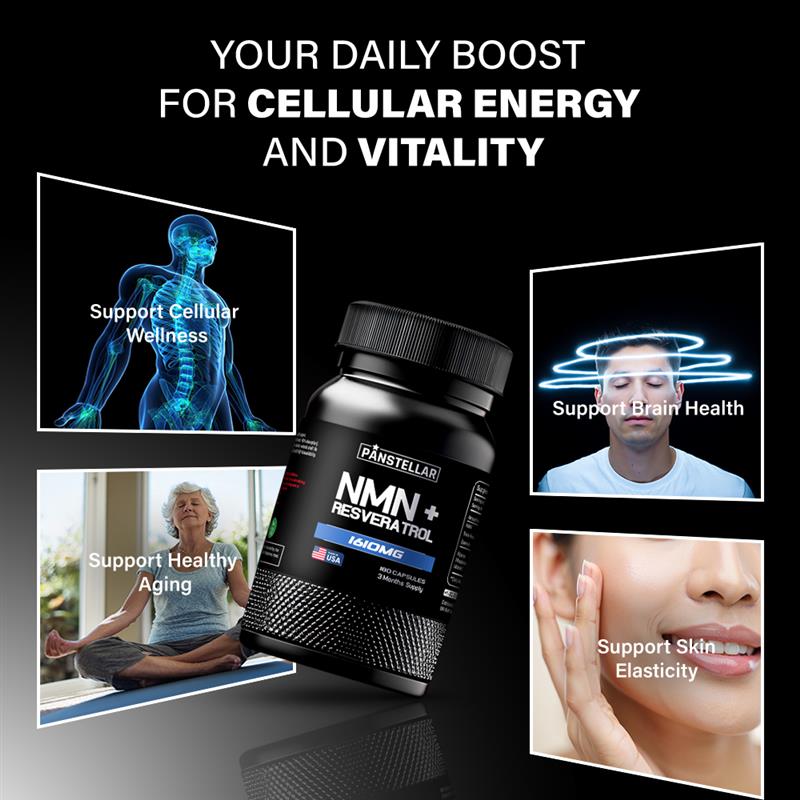 NMN plus Resveratrol supplement bottle with benefits for energy, vitality, cellular wellness, brain health, healthy aging, and skin elasticity.