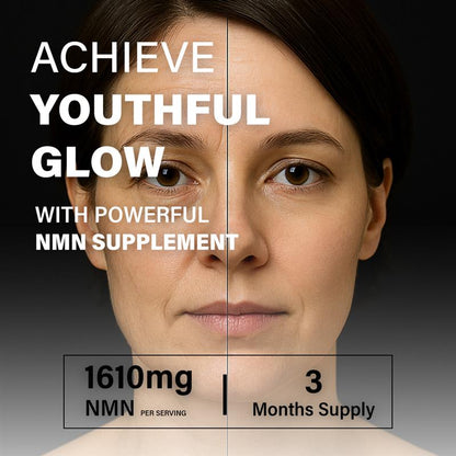 Before and after NMN supplement results on woman's face, 1610mg per serving, 3 months supply