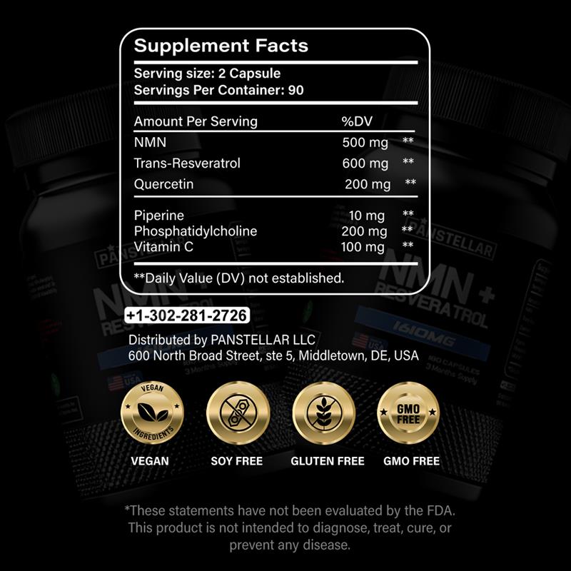 NMN supplement facts label with vegan, soy free, gluten free, GMO free icons on black background