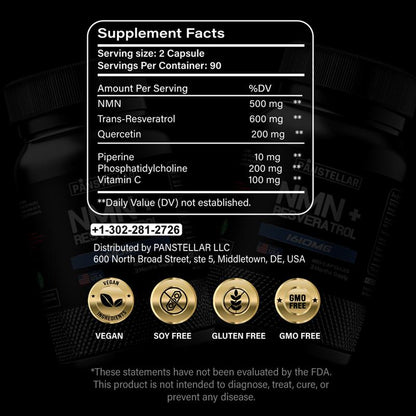 NMN supplement facts label with vegan, soy free, gluten free, GMO free icons on black background