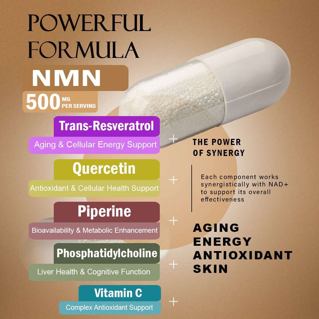 NMN supplement capsule with labeled ingredients: Trans-Resveratrol, Quercetin, Piperine, Phosphatidylcholine, and Vitamin C for cellular energy, antioxidant, and metabolic support.