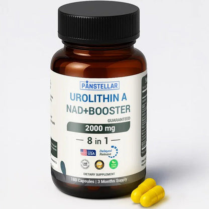 Urolithin A NAD+ Booster supplement bottle with two yellow capsules on white background
