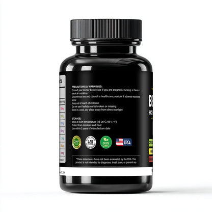 Back label of a black berberine supplement bottle with usage instructions, safety icons, and certifications.