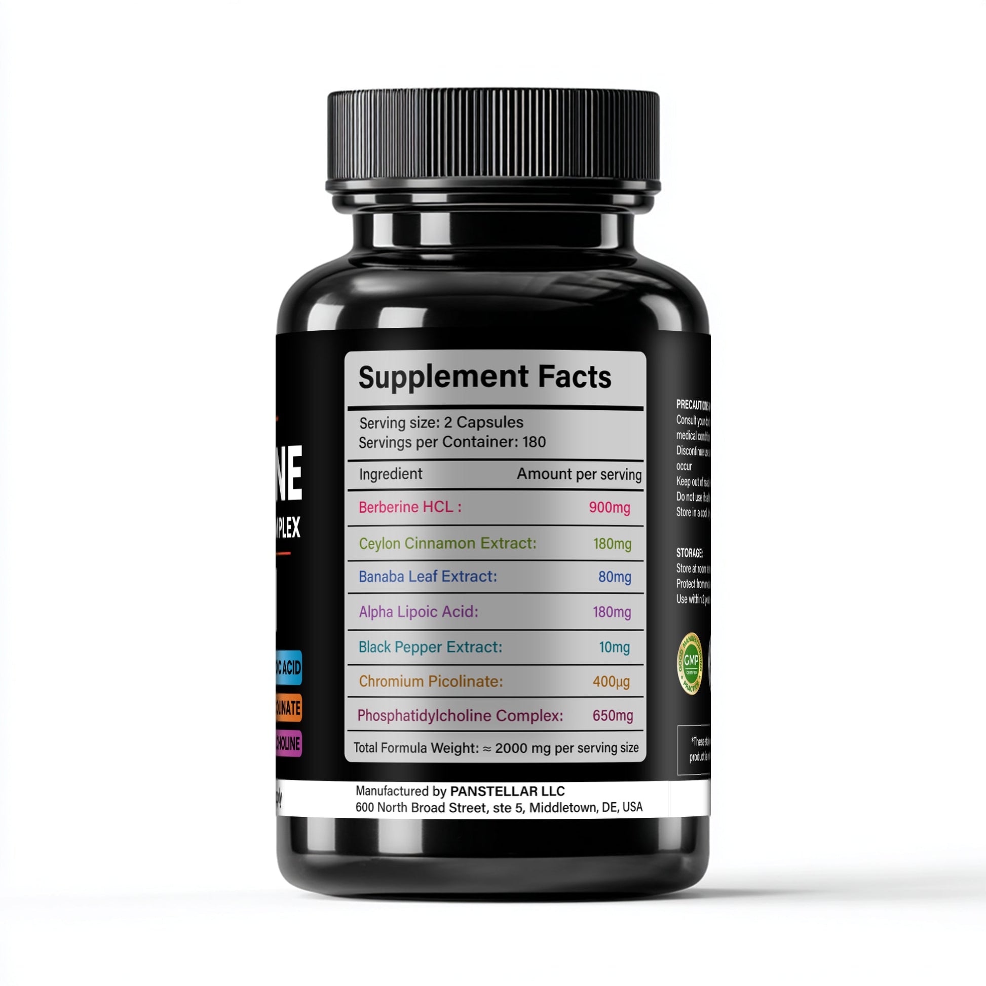 Black supplement bottle showing supplement facts label for berberine blend capsules
