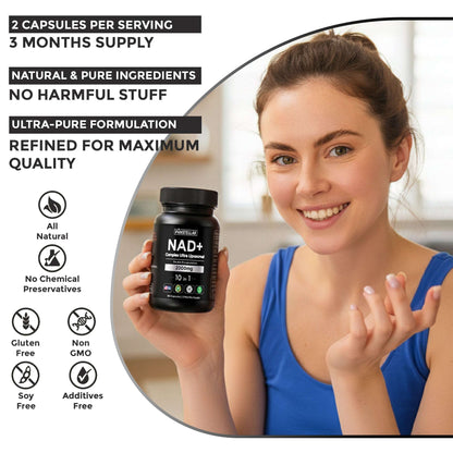Smiling woman holding Panstellar NAD+ supplement bottle, highlighting natural, additive-free capsules.